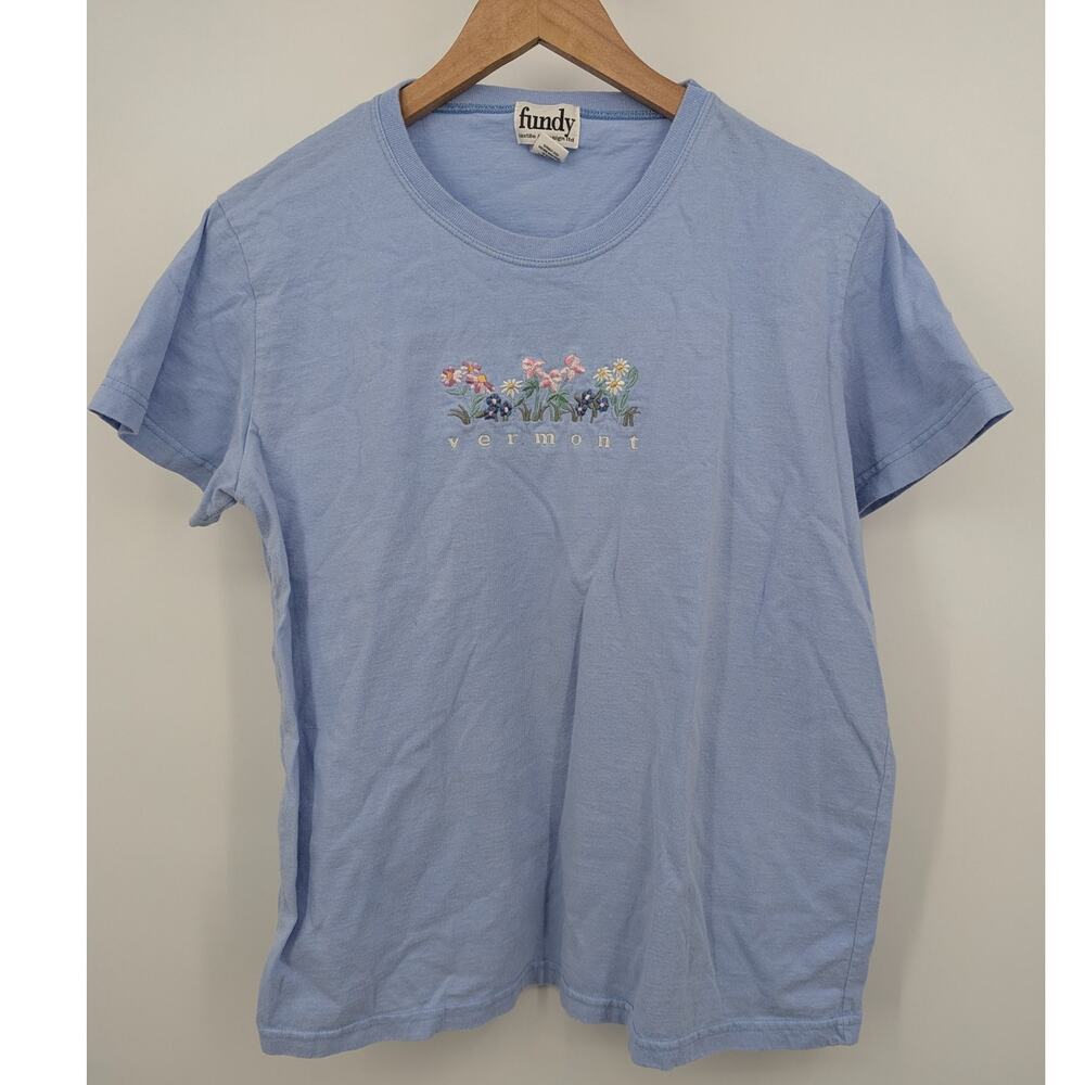 Fundy Textile Vermont Embroidered Floral XL T-Shirt Light Blue 100% Cotton